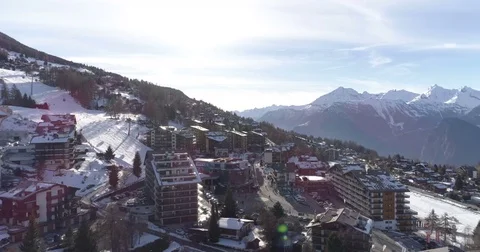 Nendaz cable car start frontal travelling - Aerial 4K - Phantom 4 PRO Stock Footage 73345857