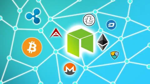 NEO Cryptocurrency Network Concept Blue Background Stock Illustration