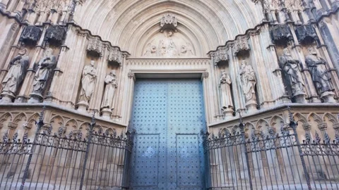 Neo-Gothic facade of the Basilica of Santa Maria in Vilafranca del Peneds, .. Stock Footage 344817787