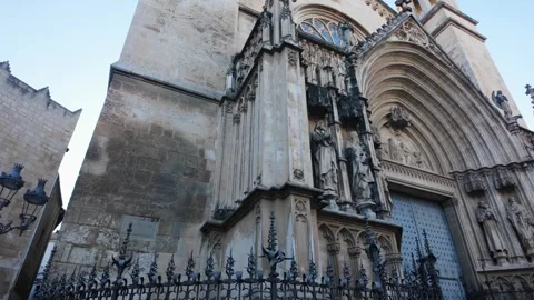 Neo-Gothic facade of the Basilica of Santa Maria in Vilafranca del Peneds, .. Stock Footage 344817832