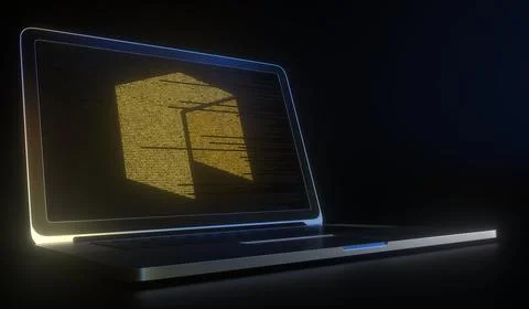 NEO logo made with computer code on the laptop screen. Cryptocurrency mining or Stock Illustration