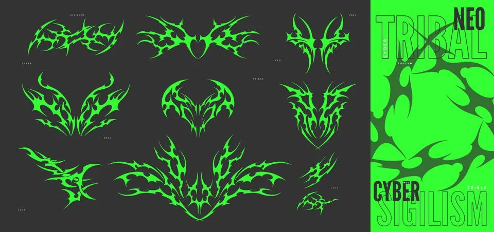 Neo tribal green elements vector set, symmetry ornament swirl demon wings sharp Stockillustratie