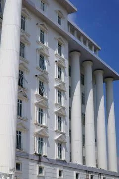 Neoclassical Architectural Facade with Imposing Columns Stock Photos