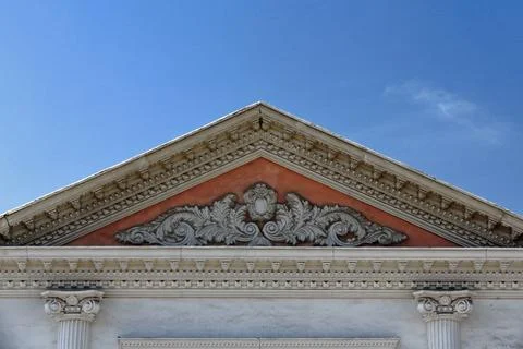Neoclassical pediment-Ionic columns-relief carving on tympanum. Zhangye-CN Stock Photos