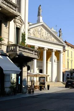 Neoclassical temple facade with marble columns. Church of S. Agata in Cremona Stock Photos
