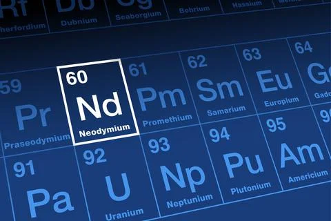 Neodymium on periodic table of the elements, with element symbol Nd Stock Illustration