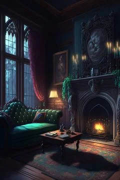 Gothic mansion victorian living room with sofas interior with wooden wall  design illustration Stock Illustration