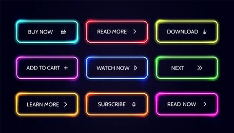 Neom web button. Glow modern colorful action buttons. Vector buy now download Stock Illustration
