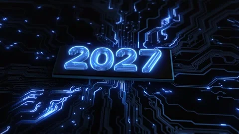 Neon 2027 Electronic Chip with Glowing Data Network 스톡 동영상 342639235
