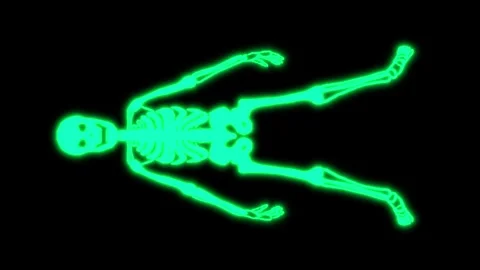Neon 2D skeleton glowing on black screen. Human bone scan animation in cartoon Stock Footage 329390927
