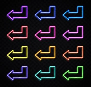 Neon 3d arrow pointer set on black background. Stock Illustration