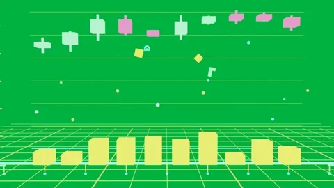 Neon 3D chart rising from yellow platform placing bars shifting glyphs showing Stock Footage 334265501
