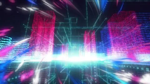 Neon 3D cityscape is featuring glowing grids, colorful light trails for イラスト素材