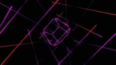 Neon 3D cube glowing with pink light and spinning in a dark futuristic room with Stock Footage 173060192