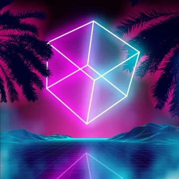 Neon 3d cube on retro background landscape. Glowing cube cosmos poster. Neon Stock-Illustration