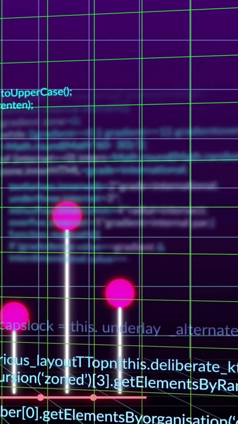Neon 3D grid tech visual receiving pulse, oscillating bars aligning pink markers Stock Footage 330332773