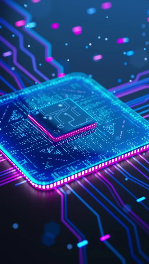 Neon 3D microchip loop on futuristic circuit board Vidéo 348017700