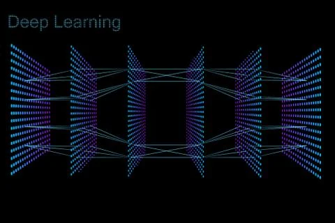 Neon 3D neural network with six layers Stock Illustration