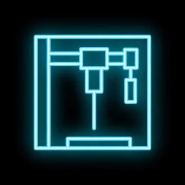 Neon 3d printer printing object icon glowing on black background Illustrazione stock