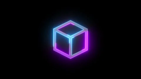 Neon 3d square shape box icon cyan purple color glowing animation black back Stock Footage 270783830