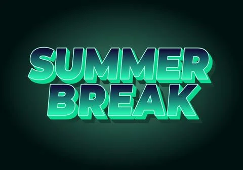 Neon 3d text reading summer break in bright teal and green on dark vignette.. Stock Illustration