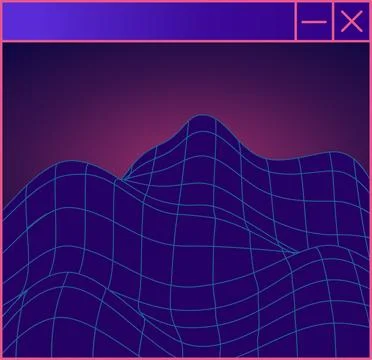 Neon 3D wireframe terrain is being shown in stylized digital window, transparent Stock Illustration