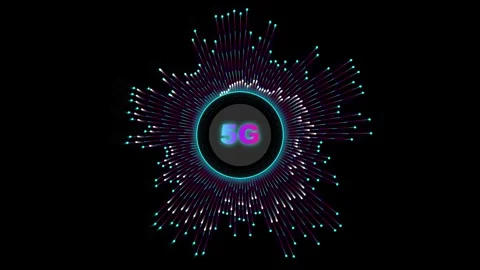 Neon 5g logo animation with radiating fiber optic data lines and futuristic.. Vídeo Stock 344309434