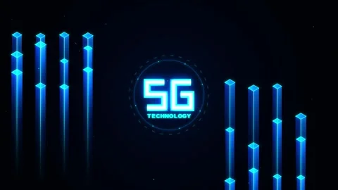 Neon 5g technology logo with glowing blue data bars moving on a dark digita.. Stock Footage 344651724