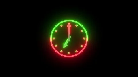 Neon 7 O clock icon green red color animation black background Stock Footage 265397667