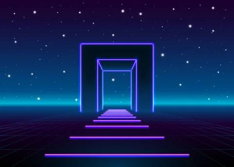 Neon 80s styled massive gate in retro game landscape with shiny road to the Stock Illustration