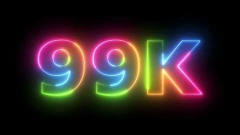Neon 99K text glow vibrant iridescent light isolated on black background ce.. Stock Illustration