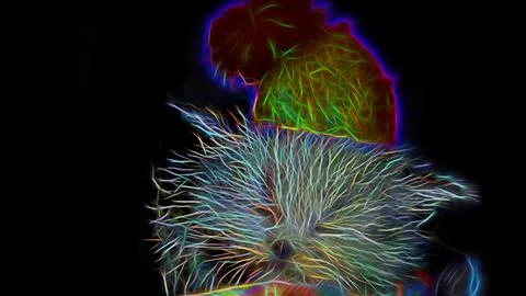 Neon abstract background in the form of a kitten in a hat with a pompom, a gl Stock Illustration