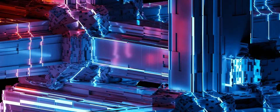 Neon abstract technology surface background concept science fiction design 3d Stock Illustration