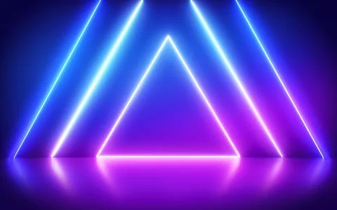 Neon abstract triangle on reflective background. Glowing frame. Club, bar or Stock Photos