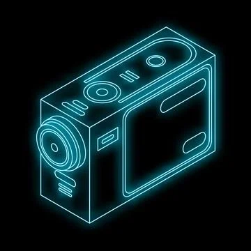 Neon action camera glowing on dark background Stock Illustration