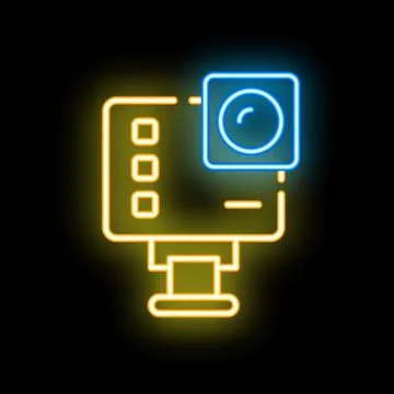 Neon action camera icon glowing on dark background Stock Illustration
