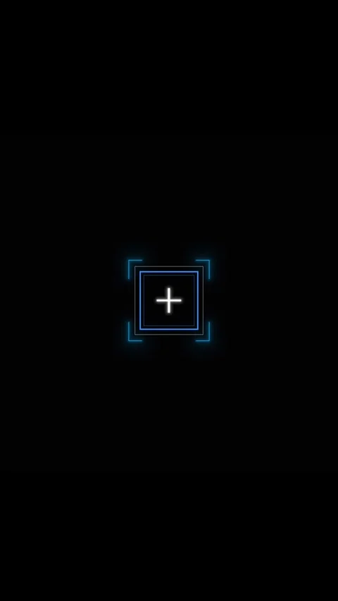 Neon add button interface glowing blue square frame, white plus symbol, dark emp Stock Footage 340479465