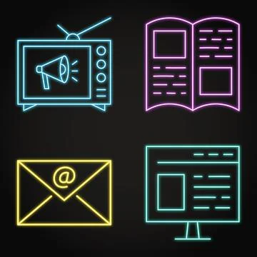 Neon advertising methods icon set in line style Stock Illustration