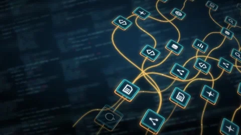 Neon AI Agent Network Visualization Abstract Code Flow Digital Neon Glow Stock Footage 341707388