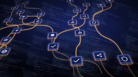 Neon AI Agent Network Visualization IoT Data Flow Dynamic Code Interaction Neon Stock Footage 341707450