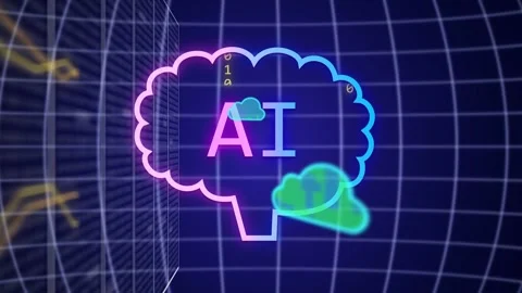 Neon AI brain receiving sliding bubbles and clouds, streaming binary, settling Stock Footage 334337677