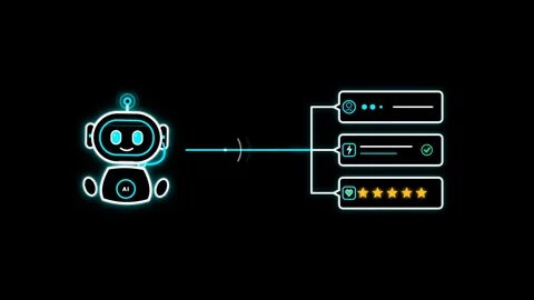 Neon AI Customer Support Chatbot Resolving User Inquiries on Dark Screen Video stock 348218502