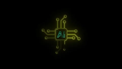 Neon ai microchip icon glowing yellow circuit board cpu processor dark bg. 스톡 동영상 346723094