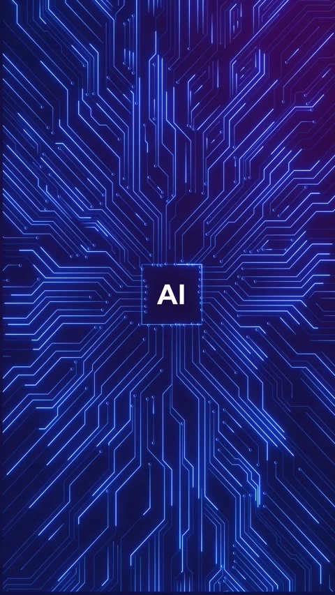 Neon AI processor circuit visual shows central chip connected bright electronic Stock Footage 340409009