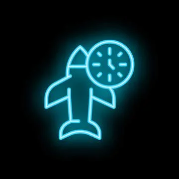 Neon airplane icon representing punctual departure time Stock Illustration