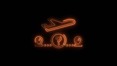 Neon airplane with location pointers and question mark animation on a black.. Stock Footage 312328630
