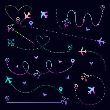 Neon airplane path set, plane routes Stock Illustration