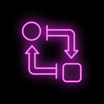 Neon algorithm flowchart with arrows and circle on black background Stock Illustration