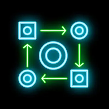 Neon algorithm showing data processing with arrows and circles 스톡 일러스트