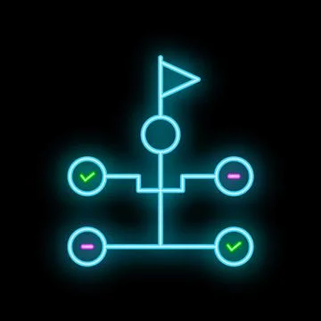 Neon algorithm showing path to success with checkmark flag on black backgroun Stock Illustration